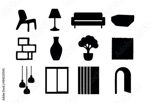 A collection of minimalist black silhouettes representing various modern home furniture, lighting, and decor elements on a white background — stock vector.