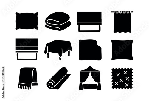 A versatile collection of black silhouette icons depicting various home textiles, soft furnishings, and window treatments for interior design concepts — stock vector.