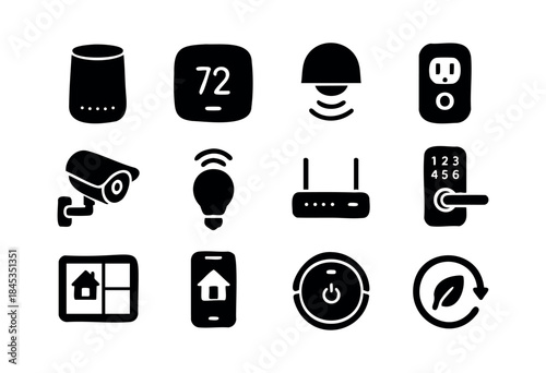 A collection of black glyph icons representing various smart home devices, automation, and connectivity technologies on a white background — stock vector.