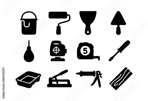 A collection of black silhouette vector icons representing various tools and equipment for construction, renovation, and home improvement projects on a white background — stock vector.