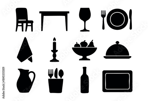 A comprehensive collection of essential dining and kitchen item silhouettes, perfect for restaurant menus, hospitality services, or home decor concepts — stock vector.