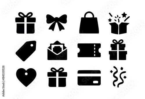 A collection of black silhouette icons representing gifts, shopping, discounts, and celebrations, perfect for e-commerce, retail, and event promotions — stock vector.