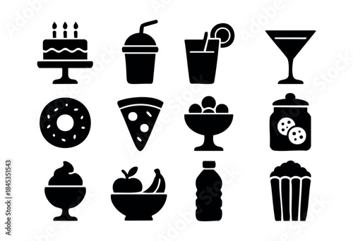 A versatile collection of black silhouette icons representing popular food and beverage items like cake, pizza, ice cream, and drinks, perfect for menus, apps, and web design — stock vector.