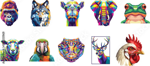 Diverse Collection of Vivid Geometric Animal Heads for Modern Graphic Design Assets and Digital Iconography