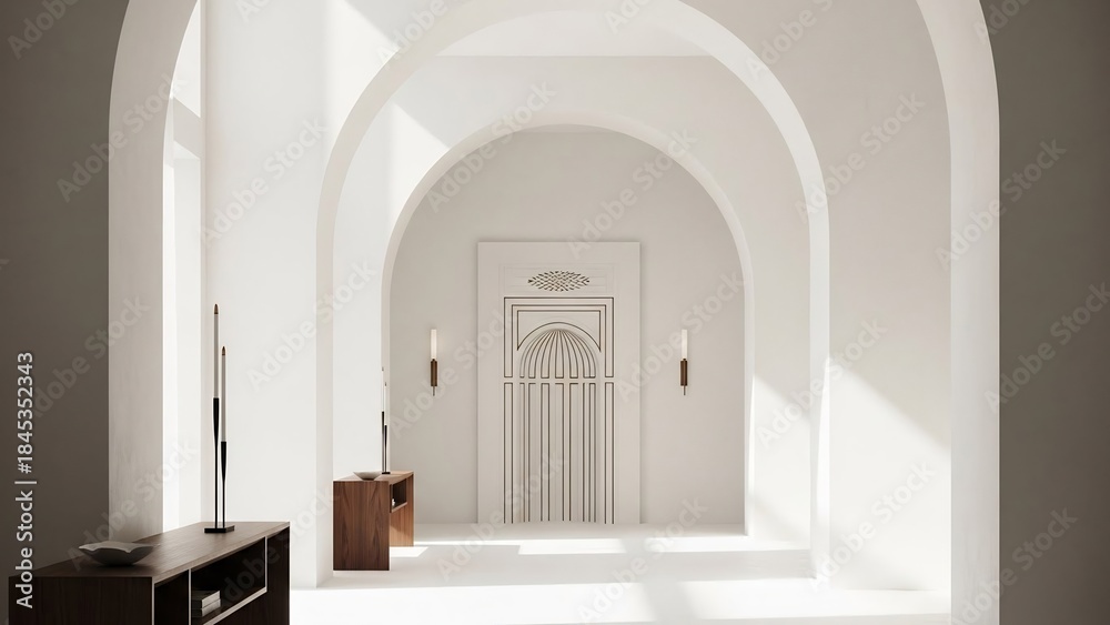 Fototapeta premium Elegant architectural hallway with arched doorways and bright natural light streaming through.