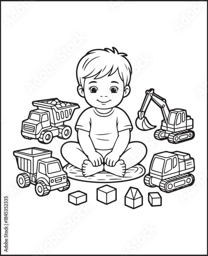 Cute boy playing with construction vehicle toy black line art vector illustration for kids coloring page design