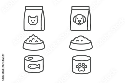 Set of pet food icons for dry kibble and canned wet nutrition supplies