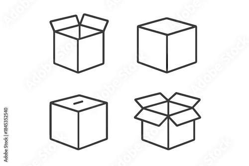 Four simple line icons depicting various cardboard box states for logistics