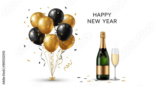 New Year Celebration Composition with Champagne Bottle, Filled Glass, Gold and Black Balloons, and Happy New Year Text Vector Illustration