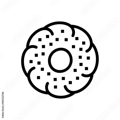 Outline illustration of a round donut with sprinkles and a hole in the center, representing a sweet treat or breakfast.