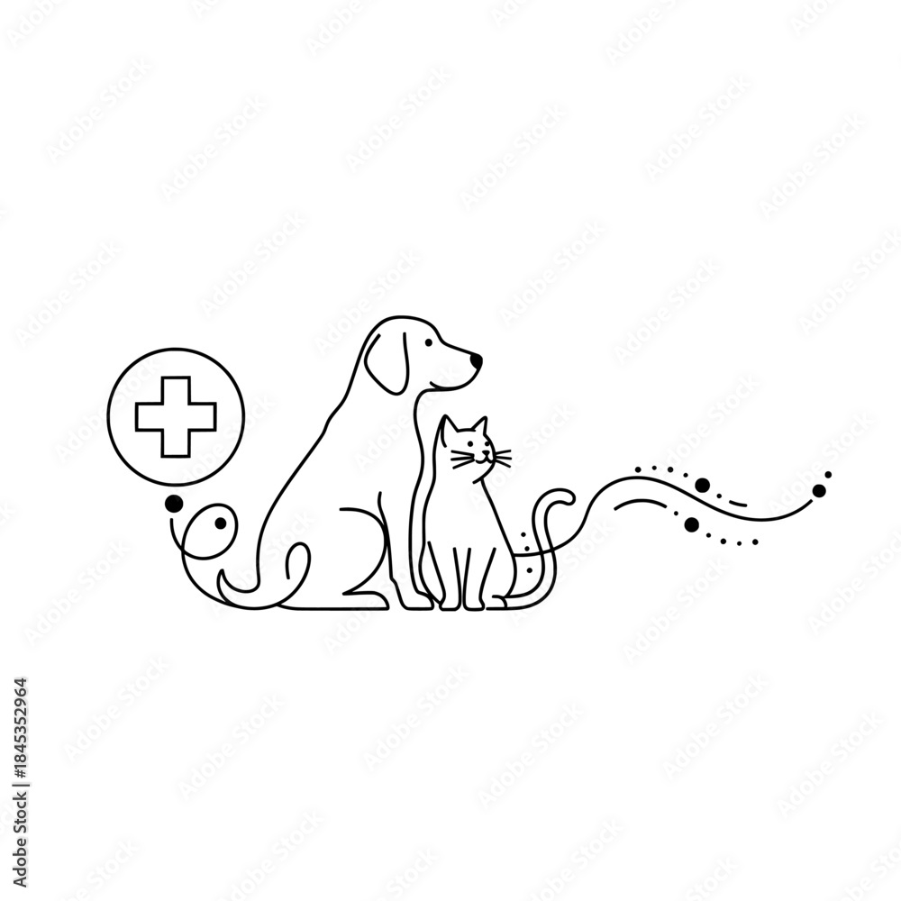 Obraz premium Minimalist line art illustration of a dog and cat sitting together with a medical cross symbol and abstract lines, representing veterinary care.