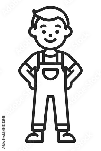 Smiling boy character wearing overalls and standing with hands on hips