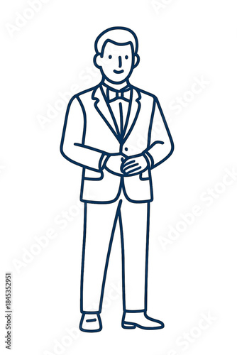 Polite gentleman in tuxedo jacket and bow tie with clasped hands
