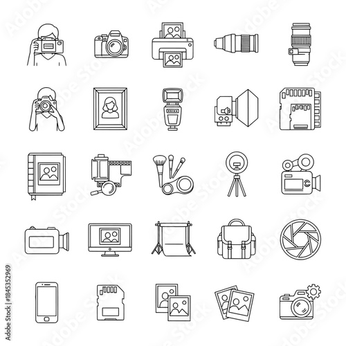 Outline vector illustration of photography equipment and accessories