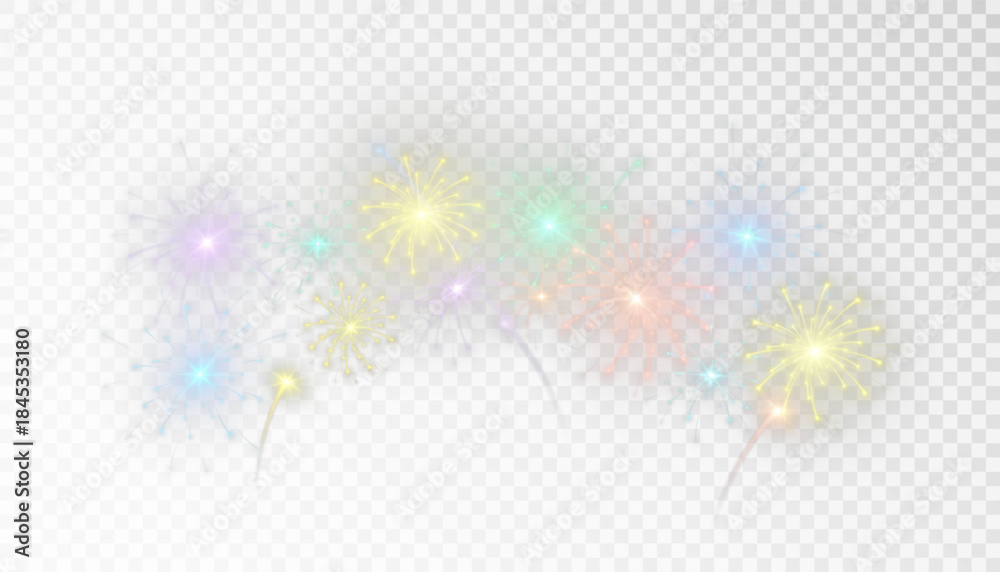 Fototapeta premium Bright fireworks, sparkling with sparks on a transparent background, create a festive element, suitable for decorating parties and holidays.