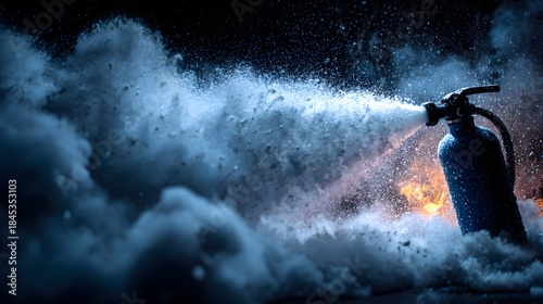 Close-up action shot of fire extinguisher nozzle spraying thick white foam onto a fire, flames visible in background, sharp detail on the foam.