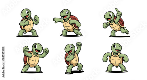 Six Cartoon Turtles in Various Martial Arts Poses.