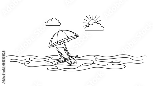 a beach scene with a lounge chair and umbrella on the water under a sunny sky with clouds.