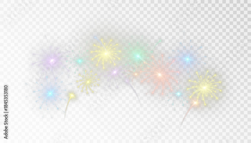 Bright fireworks, sparkling with sparks on a transparent background, create a festive element, suitable for decorating parties and holidays.
