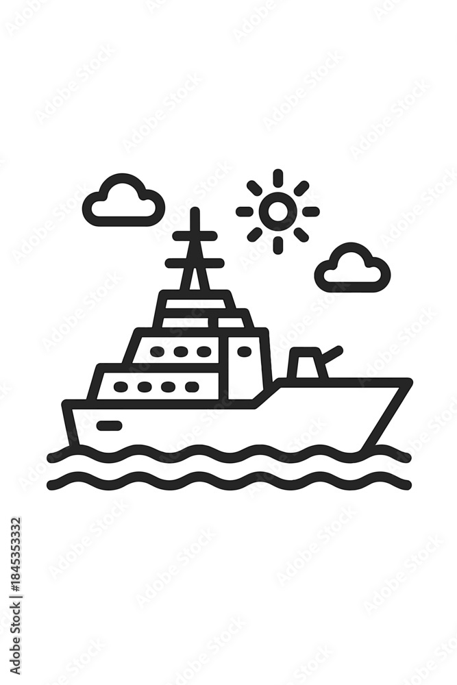 Obraz premium Naval ship or yacht sailing on wavy water under sun and clouds