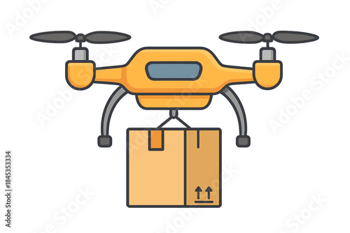 Flying drone delivering cardboard shipping package with up arrows icon