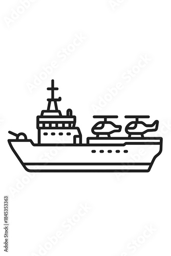 Outline icon of naval helicopter carrier ship with deck landing area