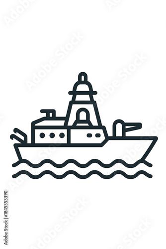 Modern naval warship sailing on water waves outline icon
