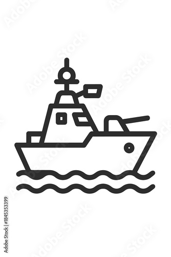 Modern naval warship sailing on water waves outline icon