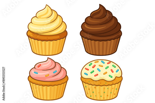 Four assorted frosted cupcakes with various sweet toppings