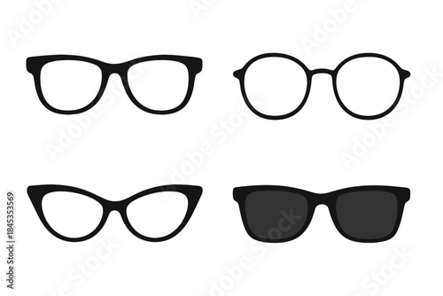 Four distinct black eyeglass and sunglass frame styles