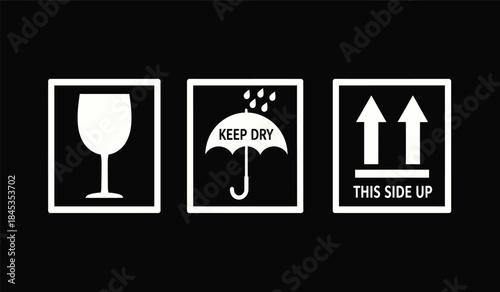 The image displays three common shipping and handling symbols fragile keep dry and this side up all in white squares high quality professional