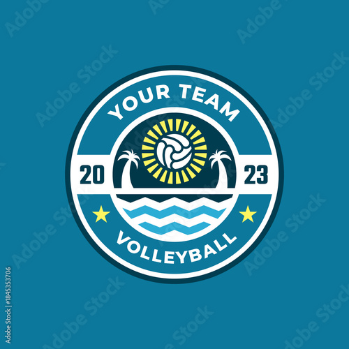 A dynamic emblem with beach icons, capturing the essence of outdoor sports, agility, and the fun of volleyball on the sand.