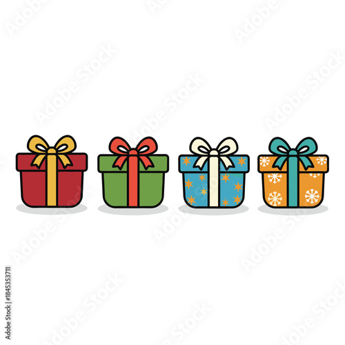 Four colorful gift boxes with ribbons and bows arranged in a row.