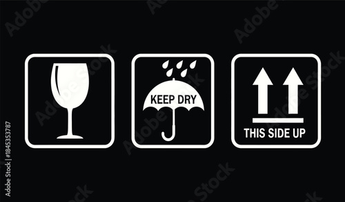 This image depicts three common shipping symbols a fragile glass a keep dry warning and an indication for upward orientation high quality professional