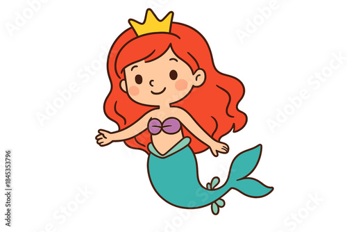 Charming cartoon mermaid girl with flowing red hair and golden crown