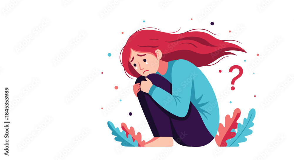 Obraz premium A distressed young woman sits curled up in a fetal position, overwhelmed with sadness and uncertainty, questioning her future and emotional wellbeing.
