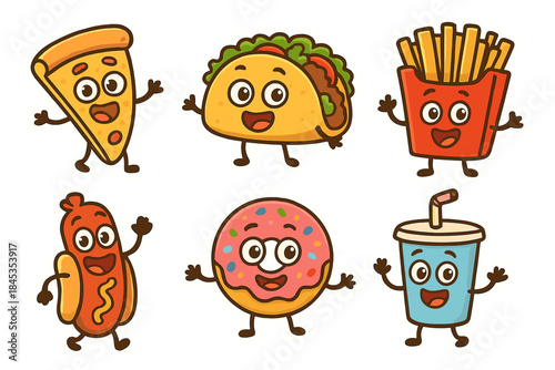 Collection of happy cartoon fast food characters including pizza, taco, and donut
