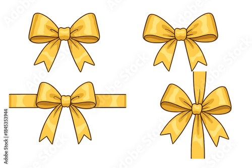 Four golden yellow decorative gift wrapping bows and ribbons elements