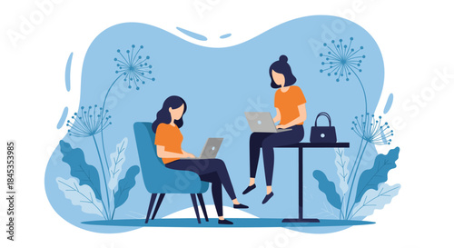 Two young women are working remotely with laptops in a bright, modern space surrounded by plants, showcasing a collaborative and flexible work environment.