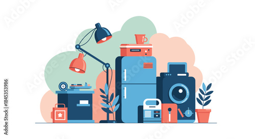 A colorful, stylized illustration depicts a collection of vintage household appliances and objects arranged in a playful composition, evoking nostalgia.