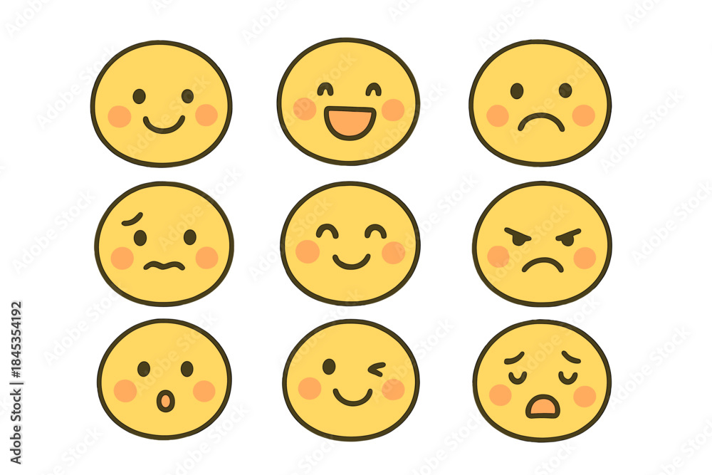 Fototapeta premium Nine distinct yellow emoji faces displaying various emotions