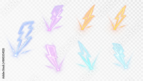A collection of glowing lightning icons in cool neon and warm yellow colors on a transparent white background. Suitable for game design interfaces and illustrations.
