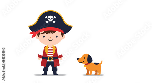 A cheerful young boy dressed as a pirate stands with his loyal dachshund companion, ready for adventure on the high seas.