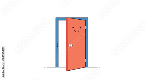 A cheerfully illustrated open door with a smiling face and a simple doorknob suggests opportunity, welcome, and a positive outlook on new beginnings.