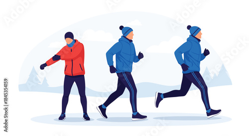 Three people running outdoors in winter clothing against a snowy mountain backdrop, promoting fitness and a healthy lifestyle during colder months.