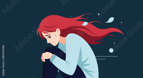 A sorrowful young woman with long red hair sits huddled with her knees drawn up to her chest, overwhelmed by sadness and despair.