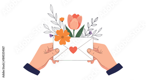 Hands holding an open envelope filled with colorful spring flowers and a heart, representing love, affection, and heartfelt correspondence.