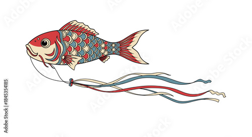 A vibrant illustration of a traditional Japanese koi fish kite gracefully soaring through the air with flowing ribbons trailing behind it.