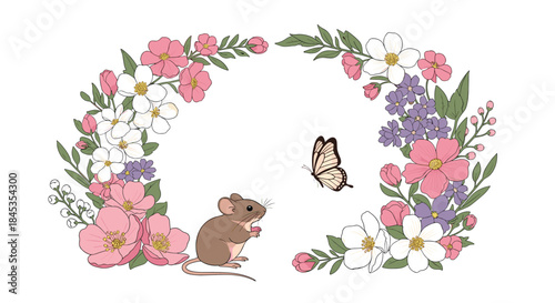 Charming illustration of a small mouse gazing upwards at a butterfly amidst a delicate floral wreath, creating a whimsical springtime scene.