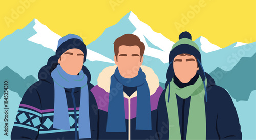 Three young men bundled in winter clothing stand together against a backdrop of snow-capped mountains on a bright day.